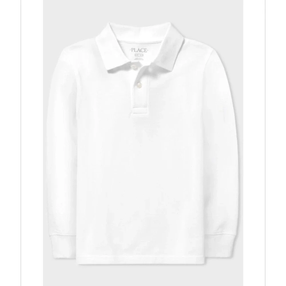 The Children's Place Boys Size Large 10-12 White Long Sleeve Uniform Pique Polo